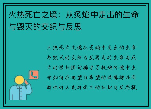 火热死亡之境：从炙焰中走出的生命与毁灭的交织与反思
